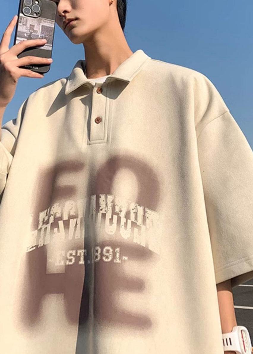 Polo Men Half Apricot Print French Cotton Sleeve Shirts Oversized