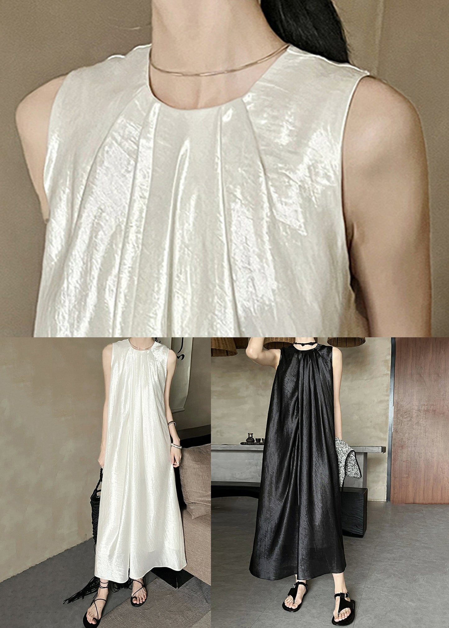 O Beige Sleeveless Dresses Long Solid Silk Neck French