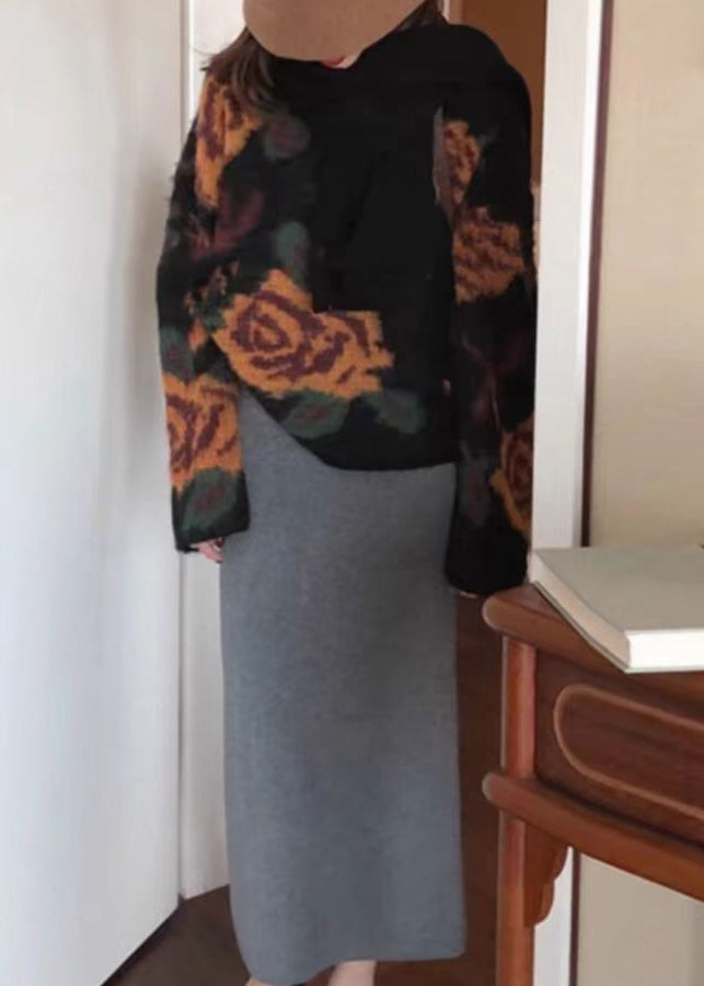 French Black O Neck Floral Jacquard Knit Sweater Tops Spring TN027