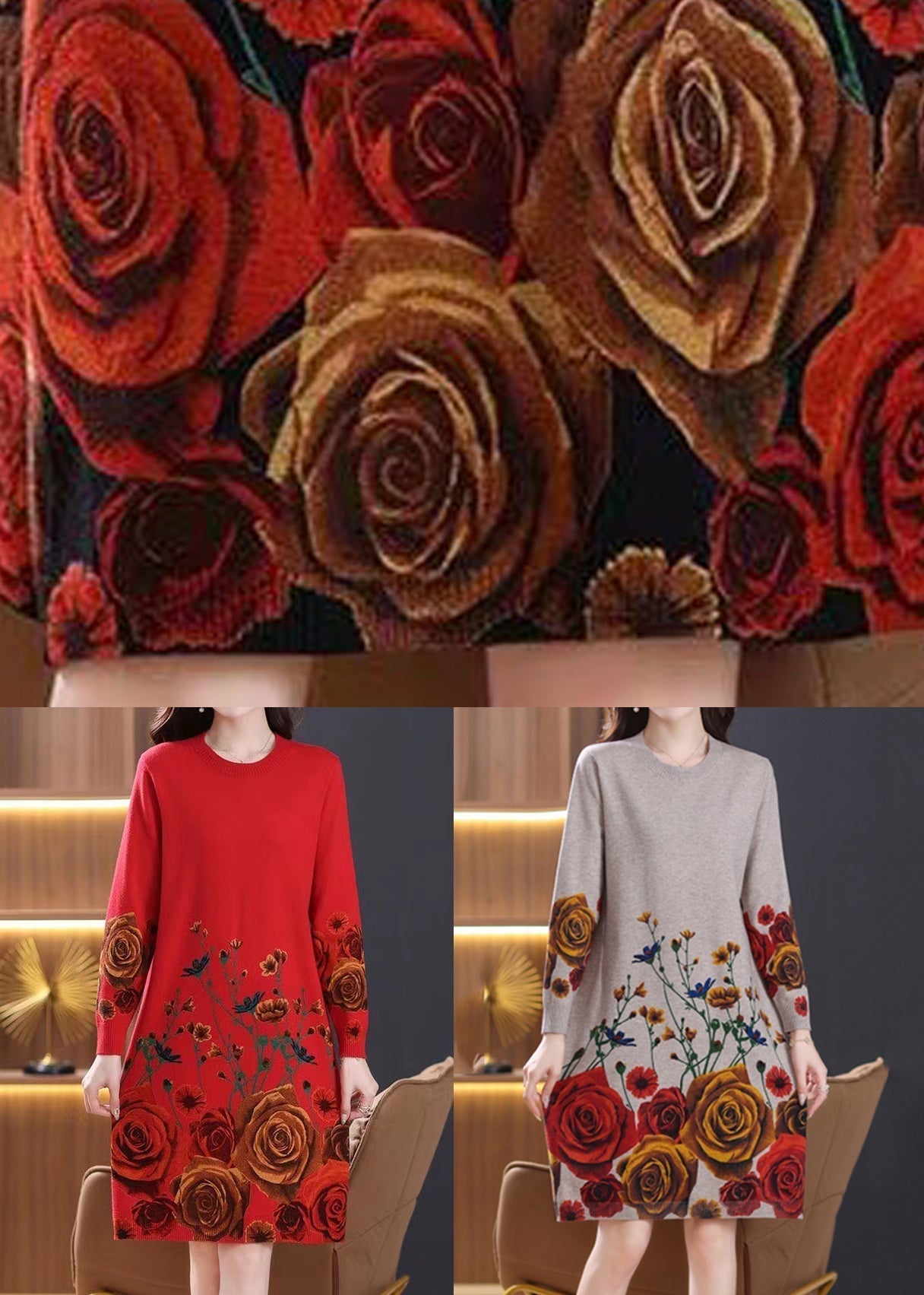 French Black O-Neck Print Wool Knit Dresses Spring TB013