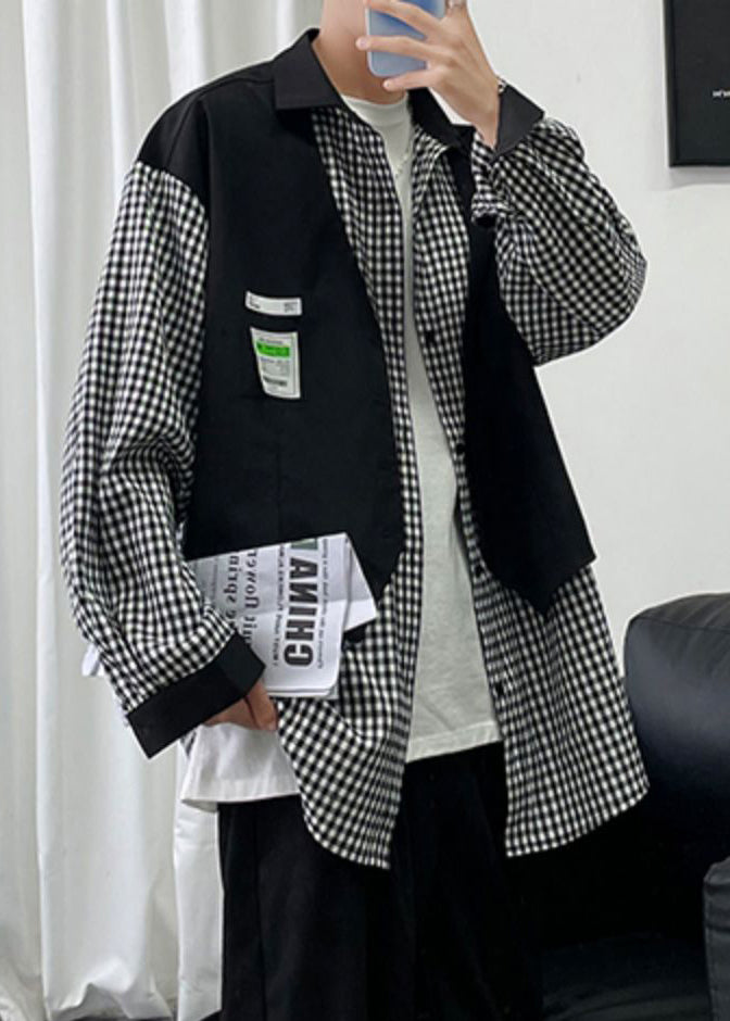 Two Plaid False Men Cotton French Shirts Patchwork Black Pieces