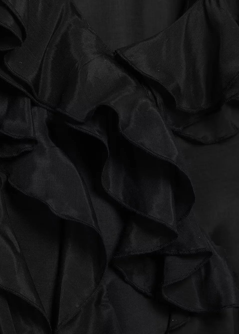 Ruffled Neck Long Dress Sleeveless French V Black Cotton