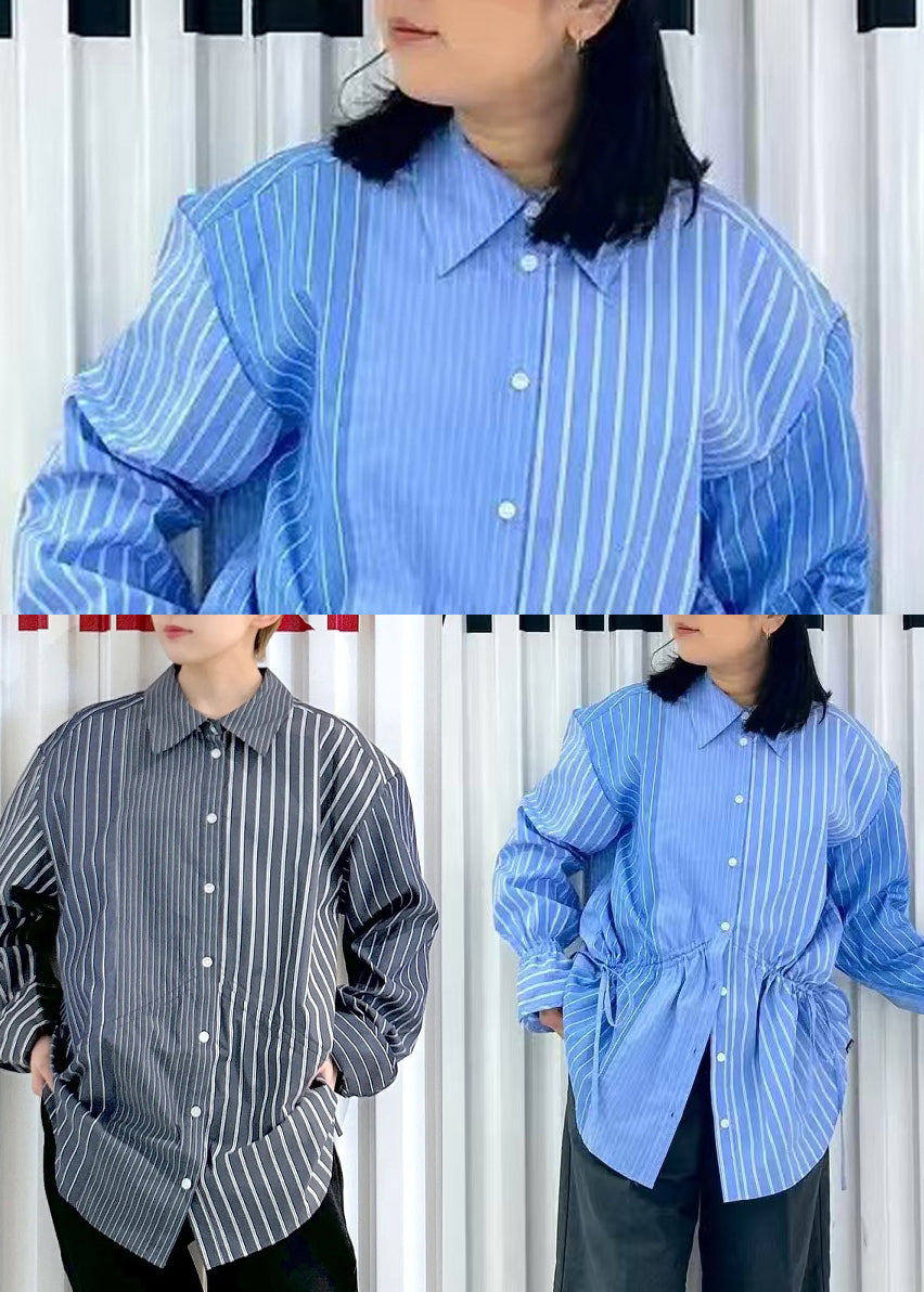 Asymmetrical Shirts French Spring Blue Cotton Striped
