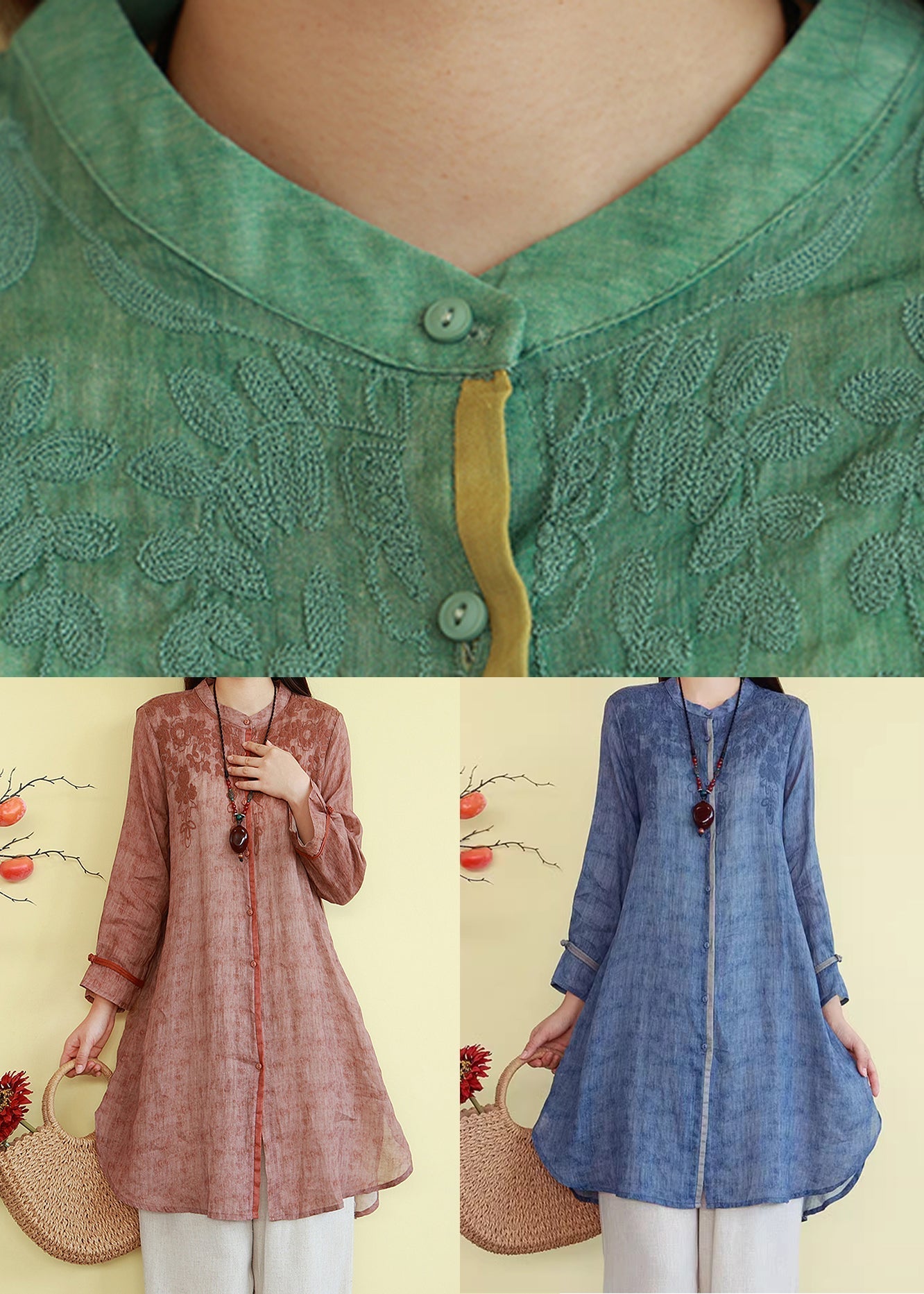 French Linen Blue Embroidered Fall Button Shirts