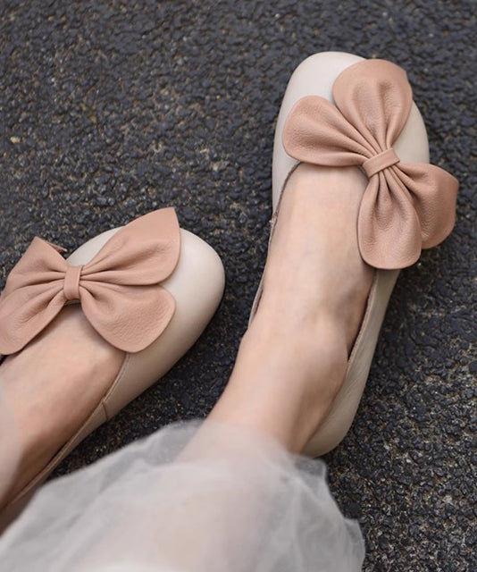 Faux Splicing Loafers French Beige Leather Bow Penny