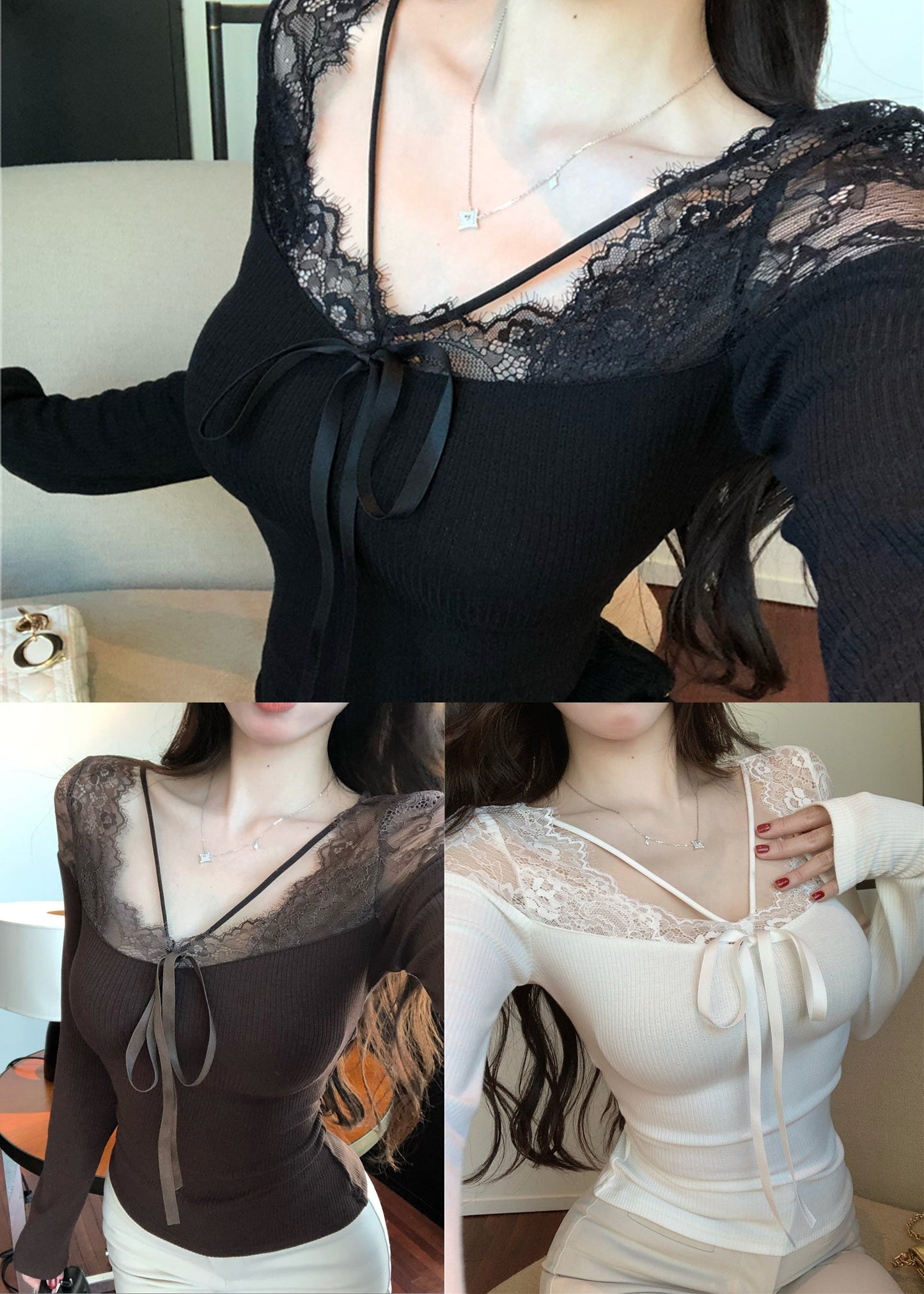 French Brown Hollow Out Patchwork Lace Top Spring YP043