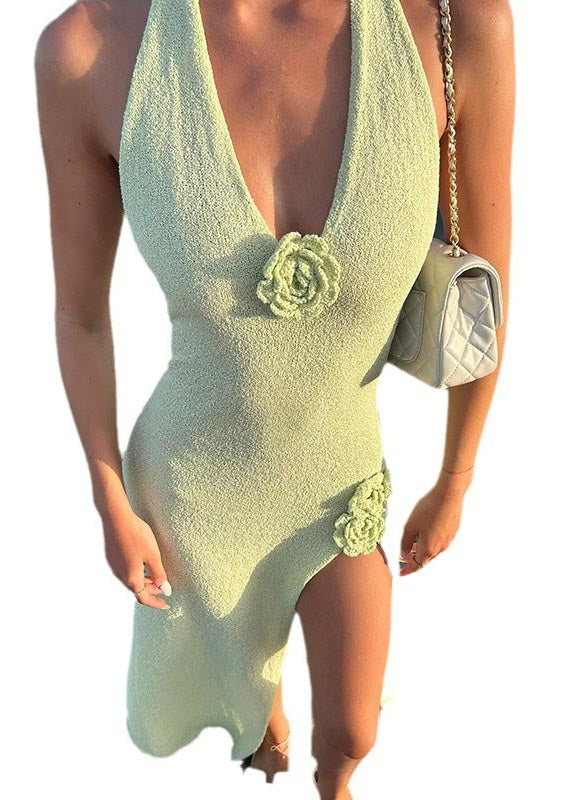 Fruit French Knit Floral Dress Holiday Open Side Decorated Green