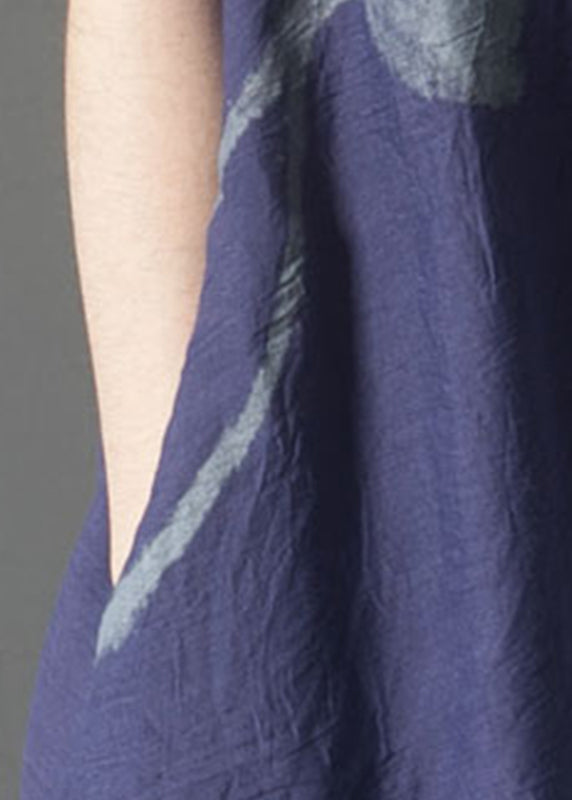 Navy Summer French Linen Oversized Layered Print Dress