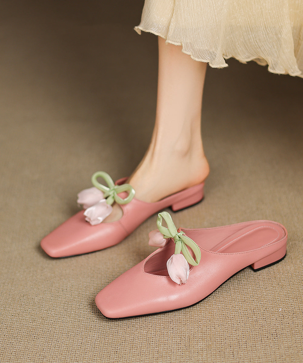 Leather Slide Cowhide Floral French Sandals Pink Splicing