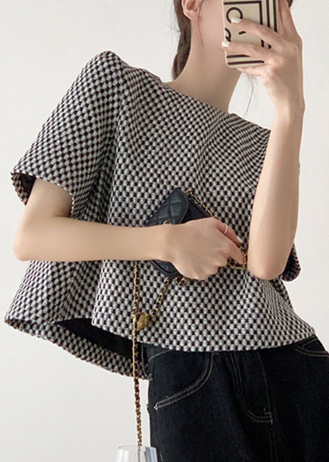 French Plaid O Neck Cotton T Shirts Short Sleeve GH1006