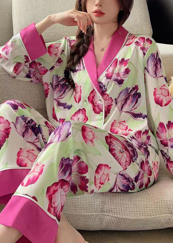 French Rose Peter Pan Collar Print Ice Silk Pajamas 2 Piece Outfit Spring YK018