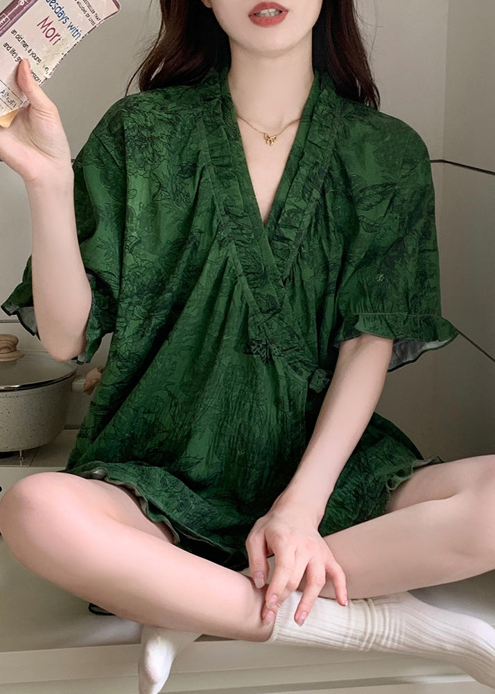 Pajama Sets Ruffled French Cotton Tea Green Print Summer