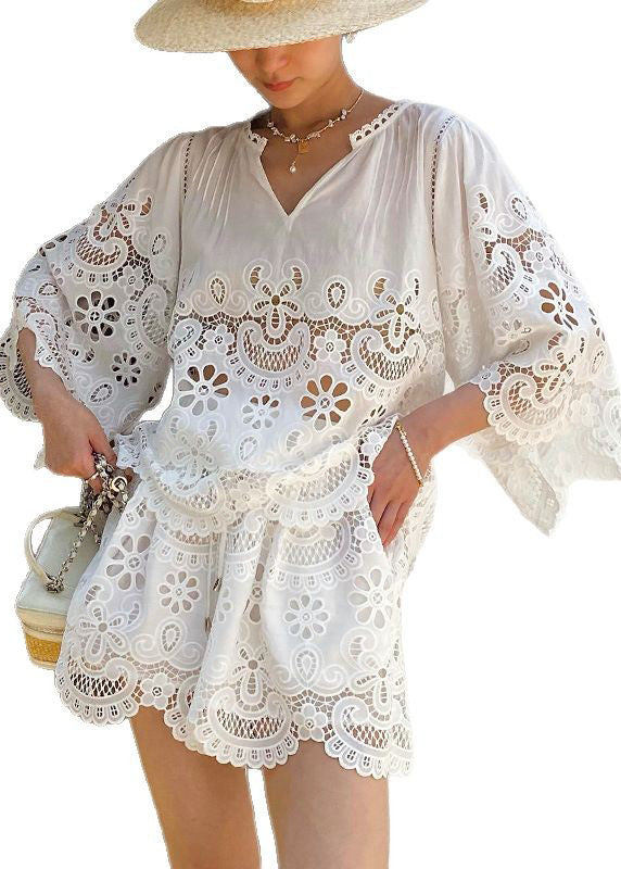 Out Lace Set Embroidery Hollow White French Summer For