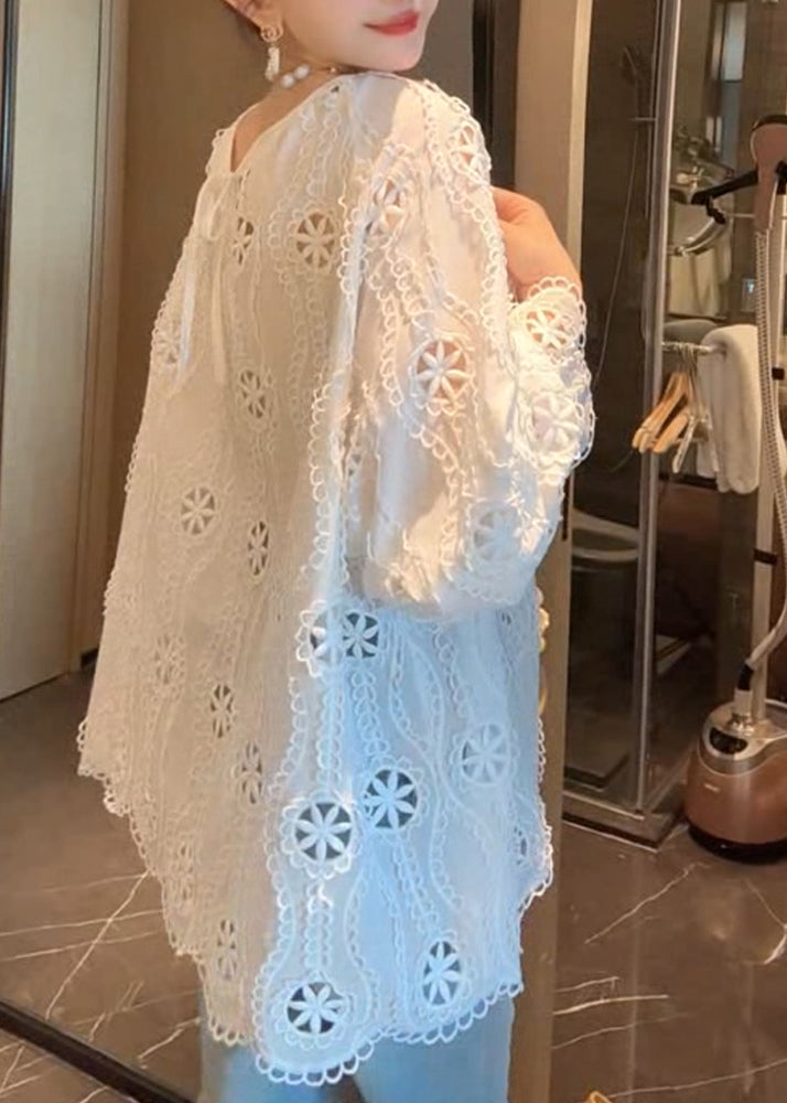 French Hollow White Out Sleeve Cotton Flare Shirt O Neck