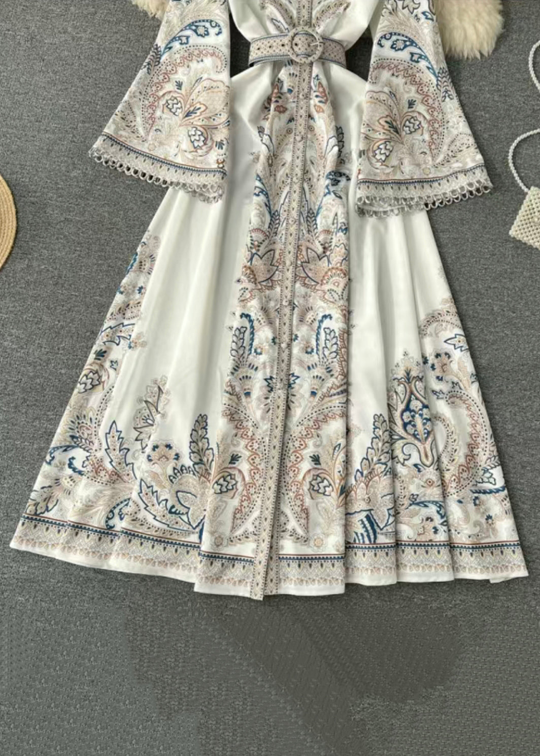 French White Print Sashes Cotton Shirts Dress Flare Sleeve TR034