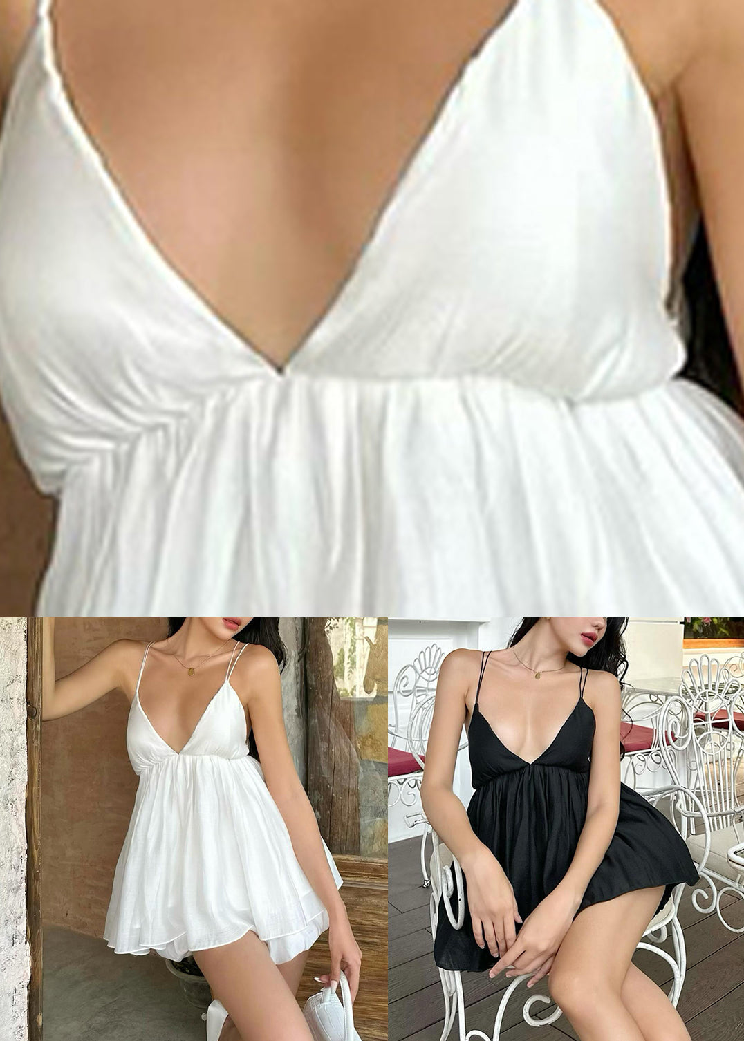 Strap Mid Neck Sleeveless V White Patchwork French Spaghetti