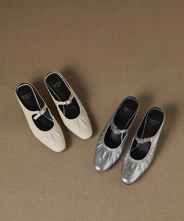 French Splicing Heel Beige Chunky Wrinkled Sheepskin