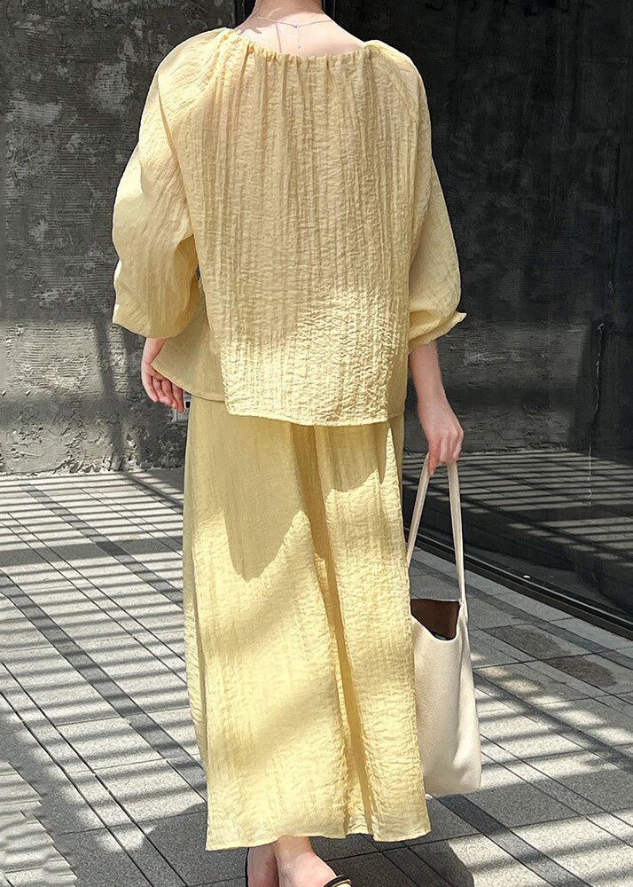 French Yellow Lace Up Tops And Skirts Cotton Two Pieces Set Spring YZ030