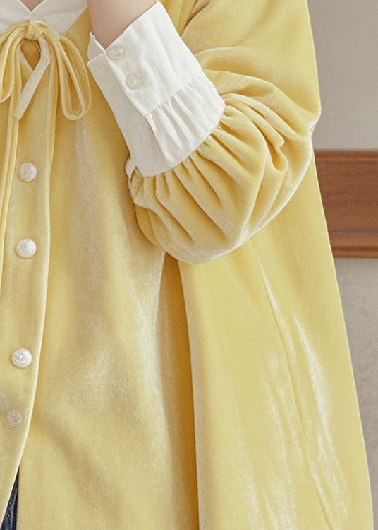 French Yellow V Neck Lace Up Silk Velour Shirt Top Fall WP025