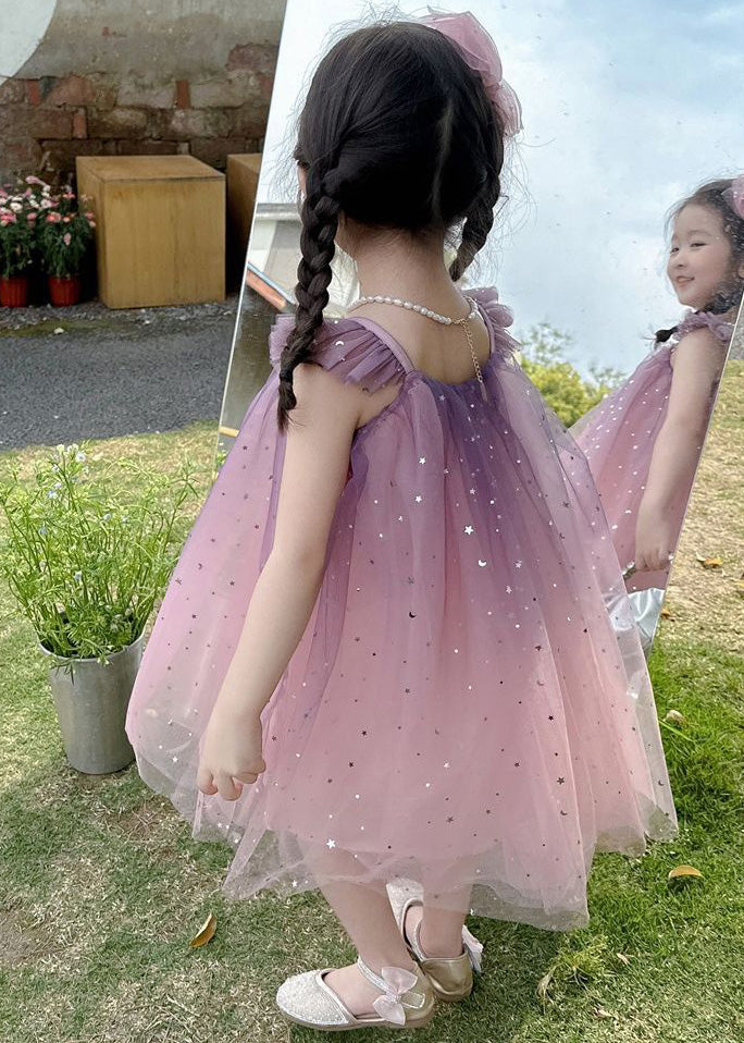 Gradient Color Pink O-Neck Sequins Tulle Girls Mid Dress Short Sleeve GF023