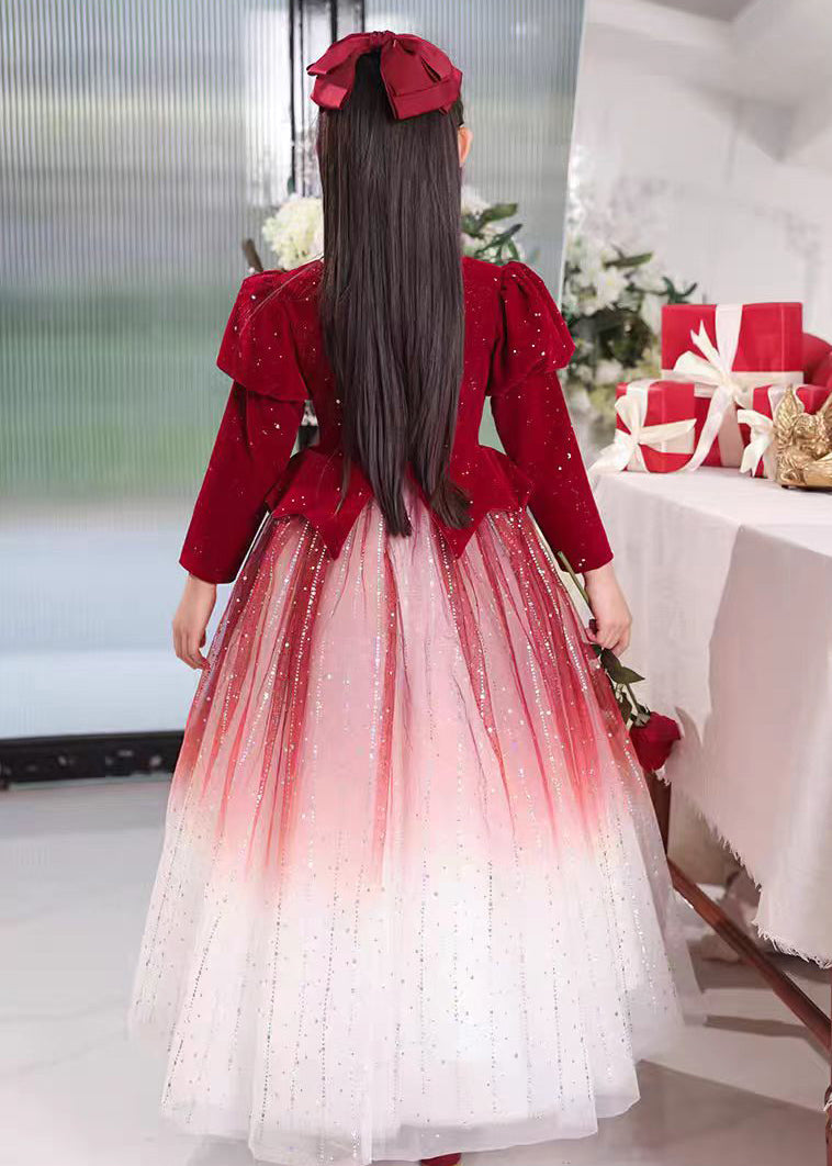 Red Color Patchwork Tulle Long Dress Wrinkled Gradient Girls