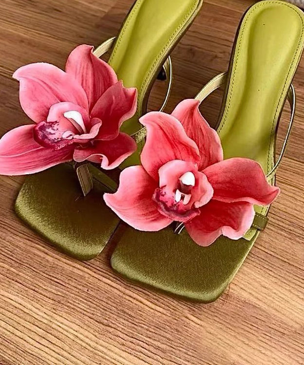 Sandals Handmade Slide Splicing Heels High Floral Green