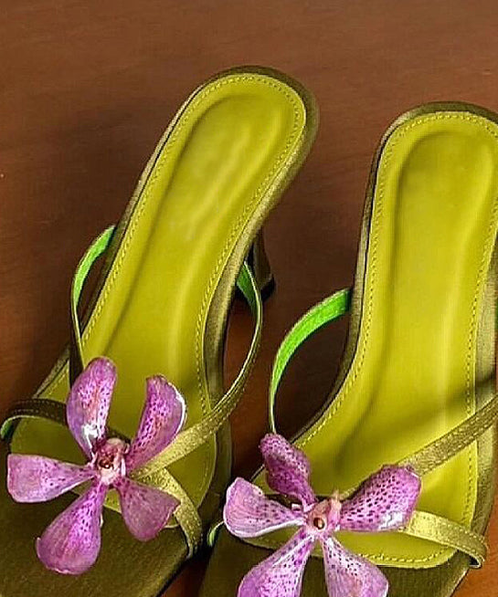 Toe Slide Floral Heels High Peep Green Sandals Splicing