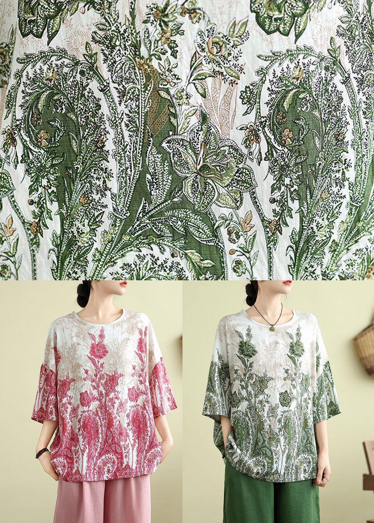 Summer Loose Top Green O-Neck Patchwork