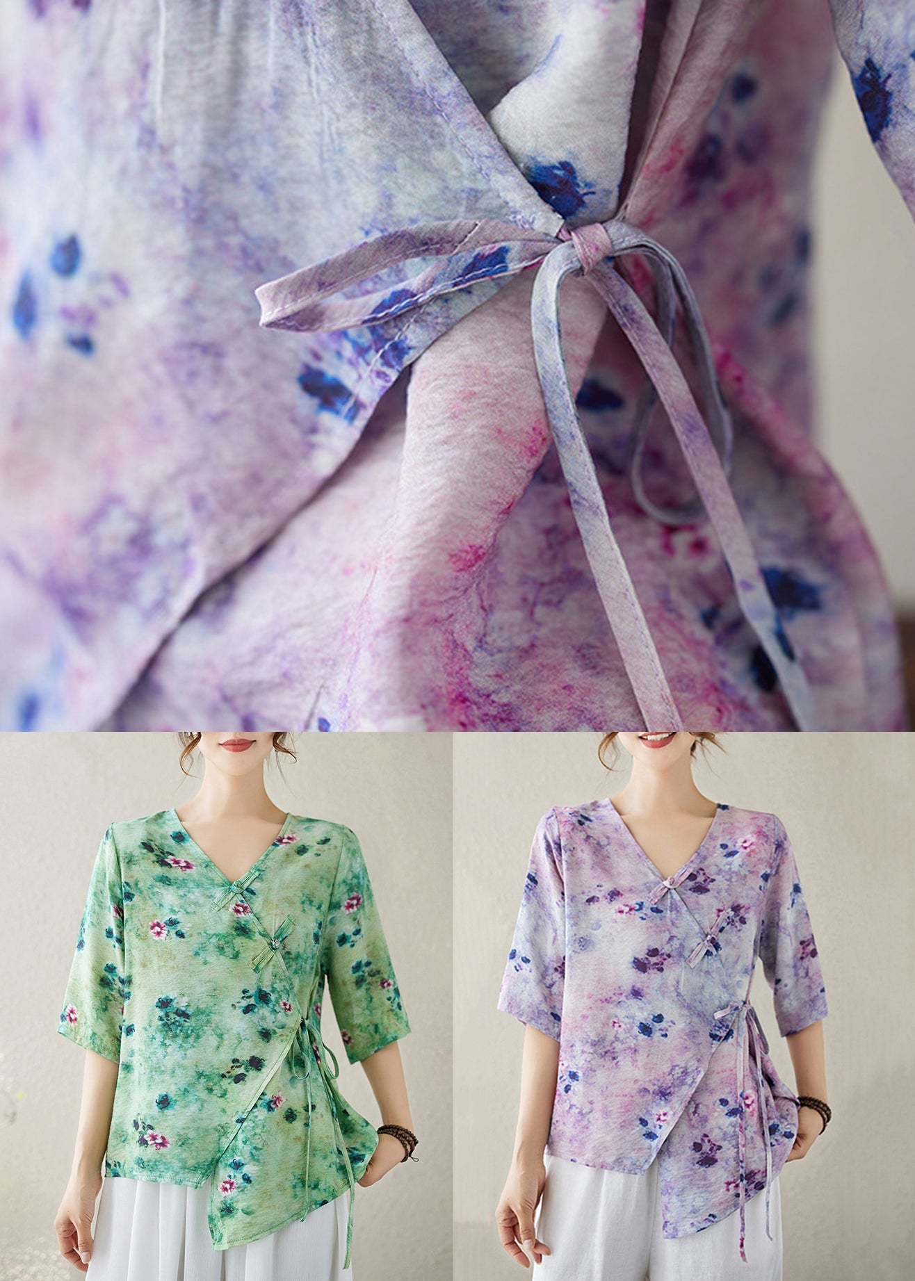 V Summer Top Neck Blouse Up Print Green Lace Cotton