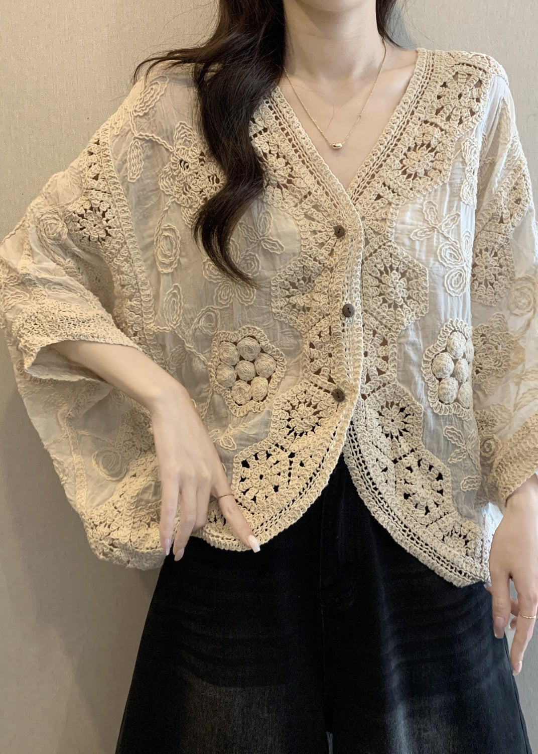 Neck Apricot Cardigan V Handmade Hollow Out Spring Button