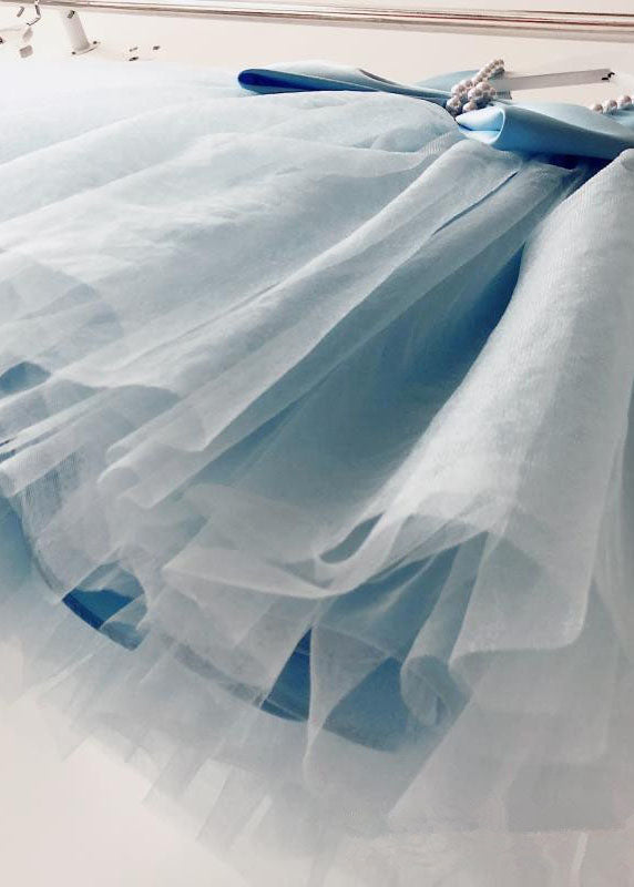 Handmade Baby Blue Nail Bead Backless Tulle Girls Long Dress Sleeveless YS015