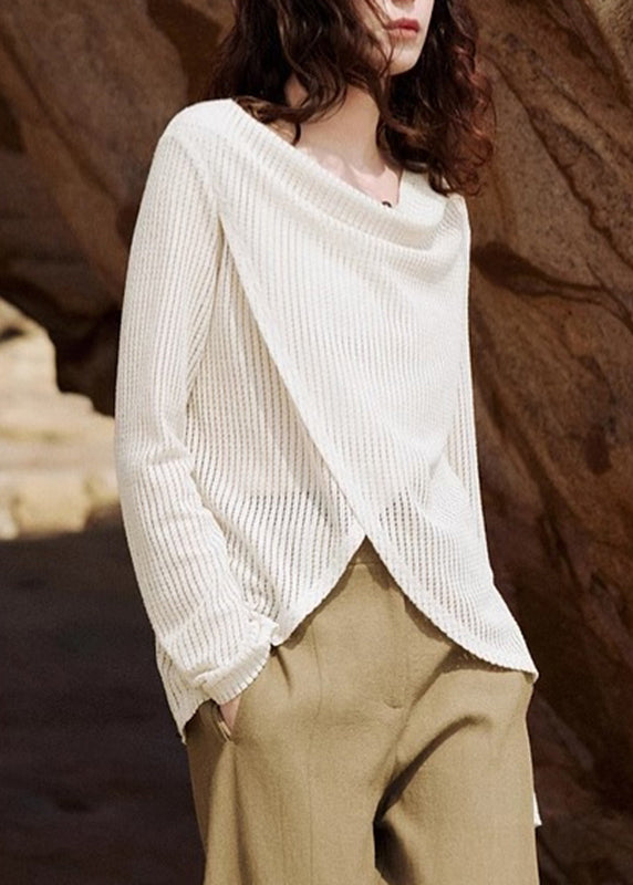 Knit Handmade Asymmetrical Silk Shirt Beige Spring Ice