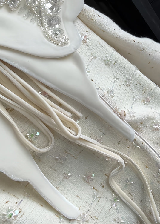 Handmade Beige Nail Bead Sequins Woolen Three Pieces Set Spring TD028