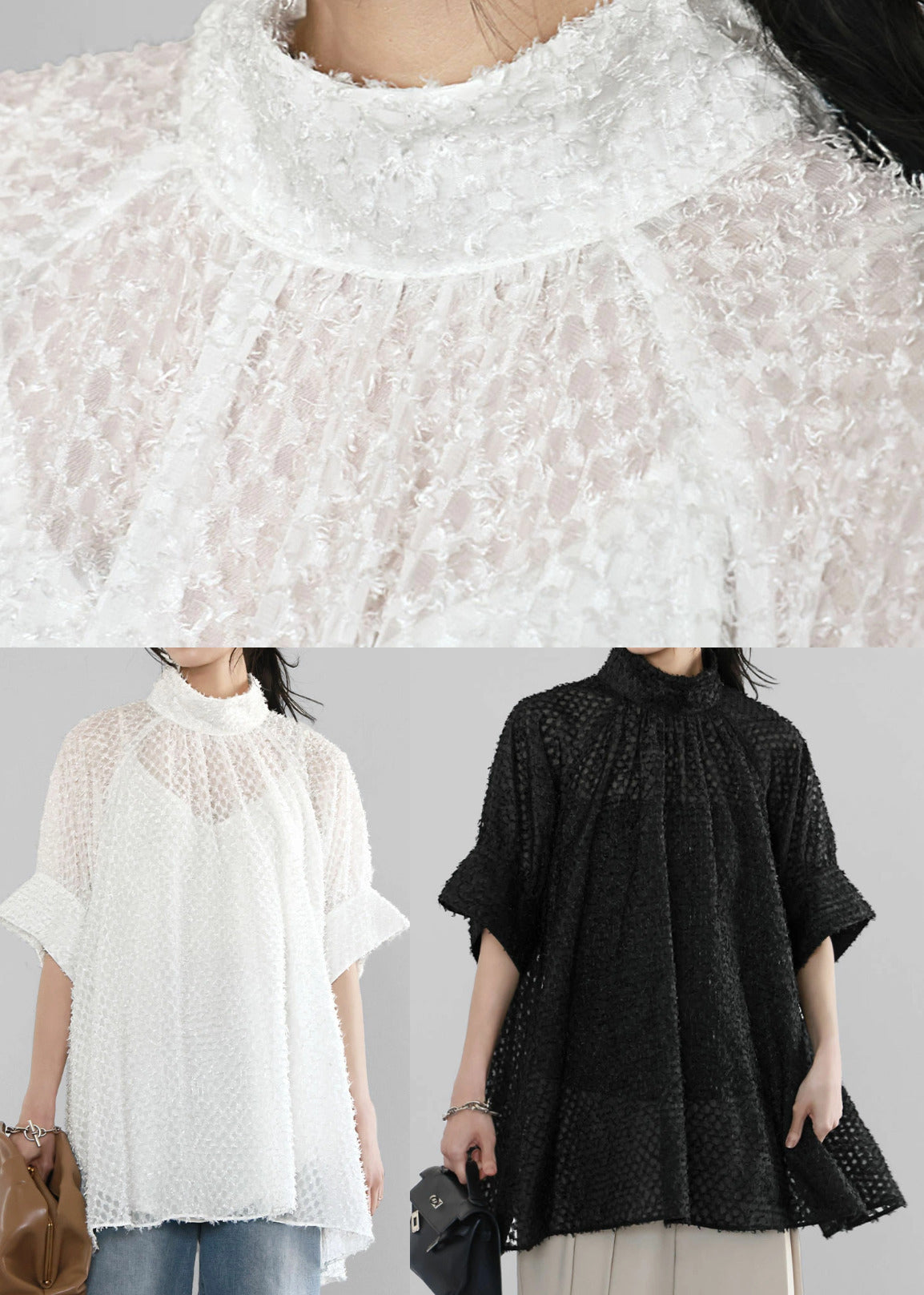 Handmade Tulle Black Half Shirt Sheer Sleeve Collar Stand