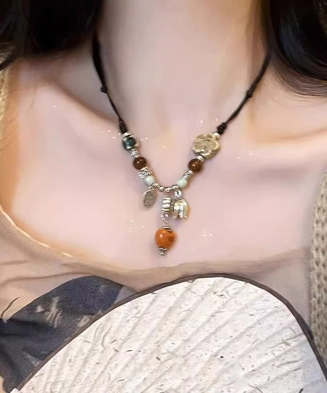 Handmade Ceramics Weave Pendant Beads Necklace Alloy Black