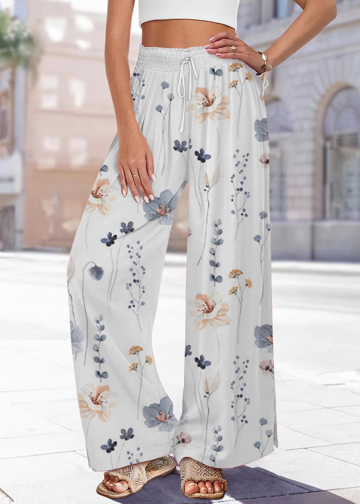 Pants Leg Waist Print Blue Summer Elastic Handmade Wide