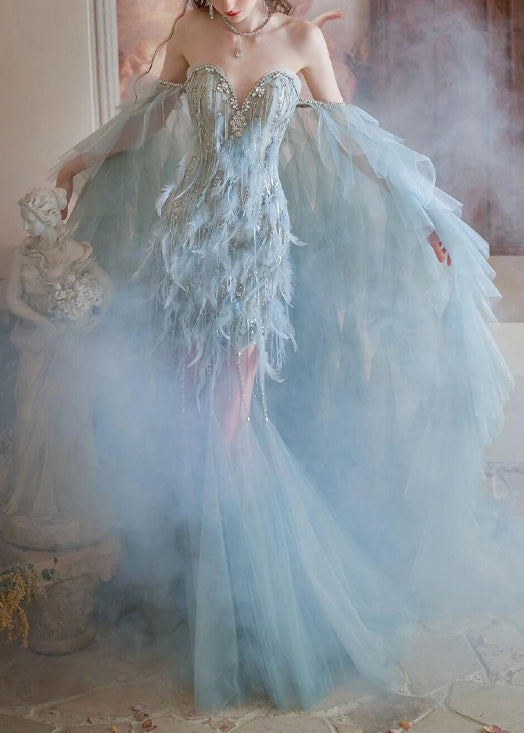 Handmade Blue Zircon Feather Cape And Dress Tulle Two Pieces Set – Lily  Causal