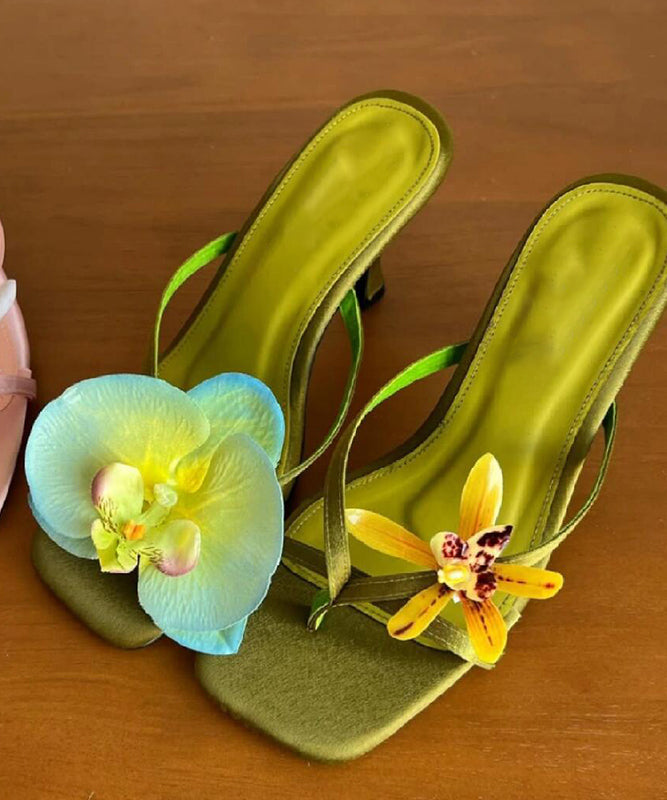 Floral Flip Stiletto Heels Silk Asymmetrical Flops Handmade Green
