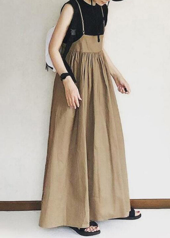 Spaghetti Khaki Patchwork Long Wrinkled Dress Handmade Strap
