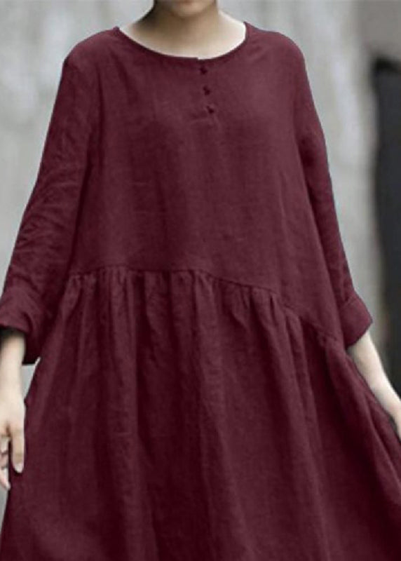 Fall Pockets O-Neck Red Patchwork Robe Dresses Handmade