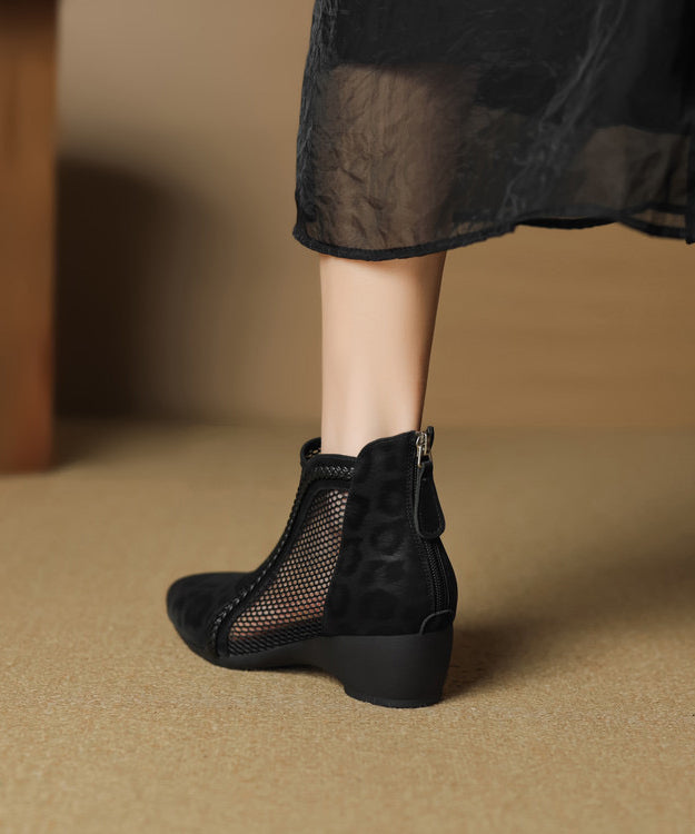 Black Breathable Handmade Chunky Splicing Boots Mesh