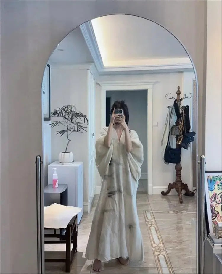 Original Design V Neck Print Patchwork Cotton Dresses Lantern Sleeve WW1001