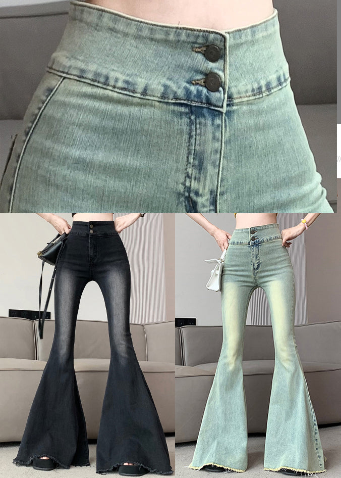 Italian Black High Waist Denim Flared Pants Trousers Spring YP045