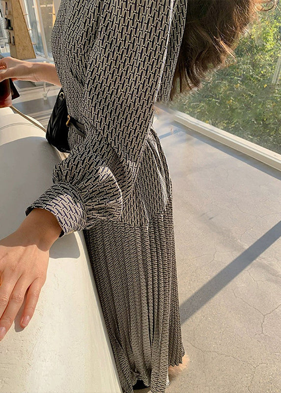 High Cotton Long Italian Dresses Waist Print O-Neck Navy Fall