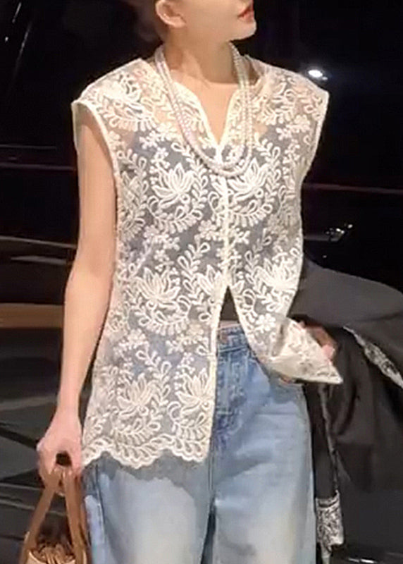 Lace V Neck Sleeveless Apricot Jacquard Out Hollow Tops