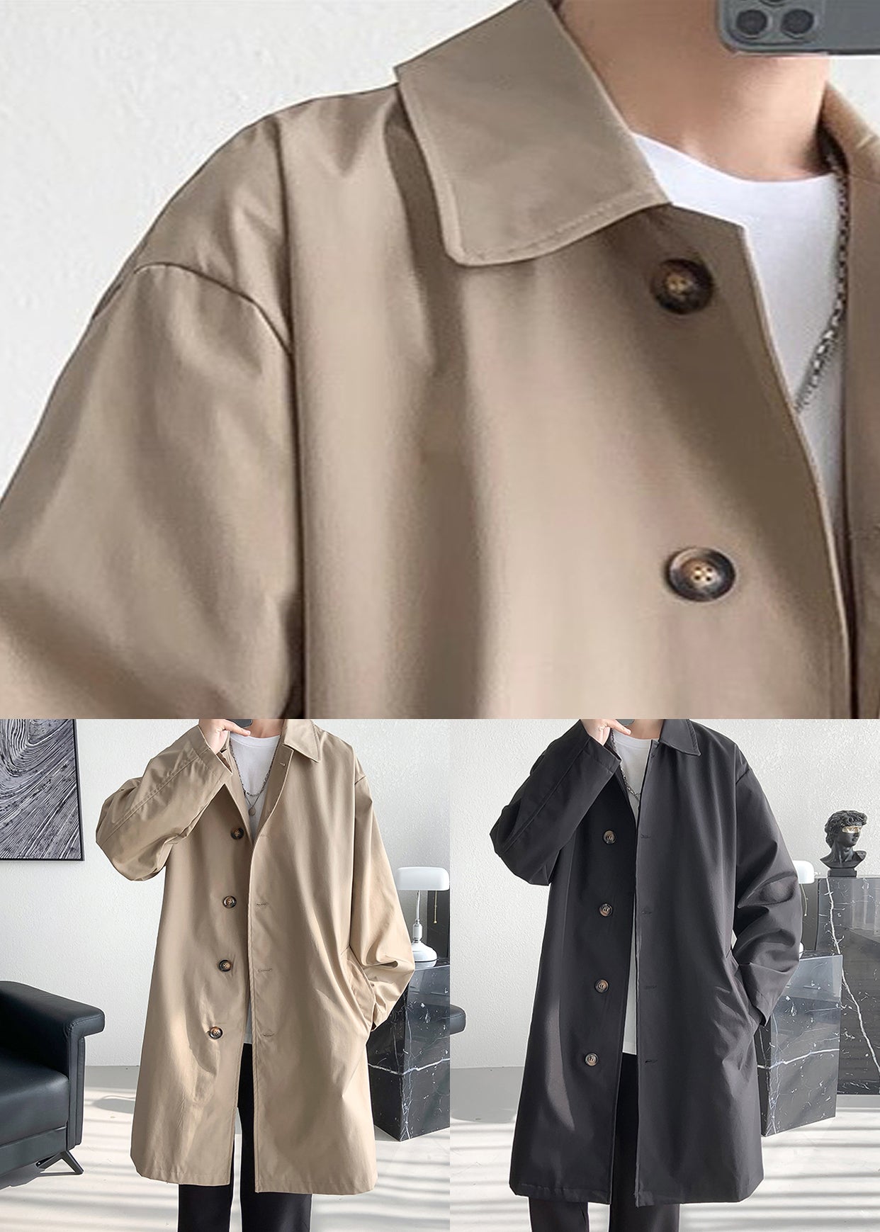 Khaki Button Oversized Cotton Mens Coats Peter Pan Collar Spring YQ006
