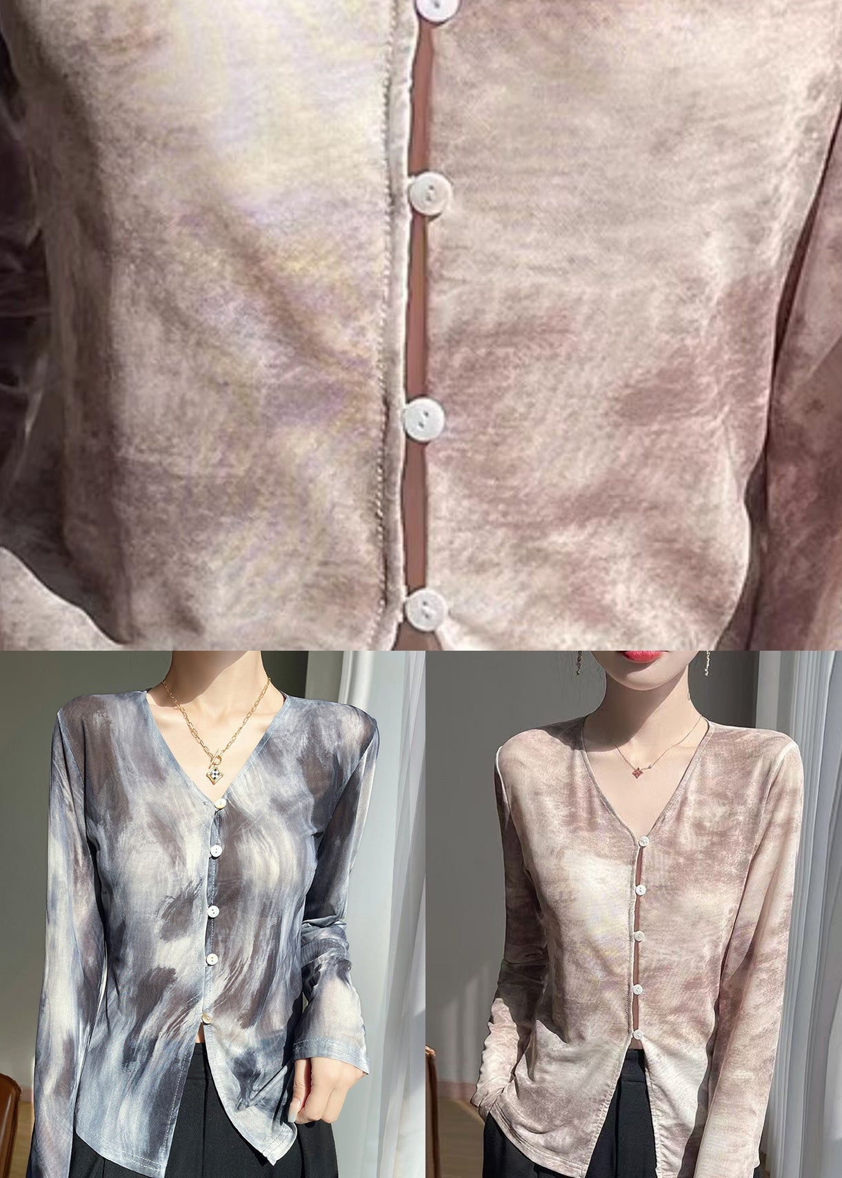 V T Fall Print Shirts Tulle Button Neck Khaki