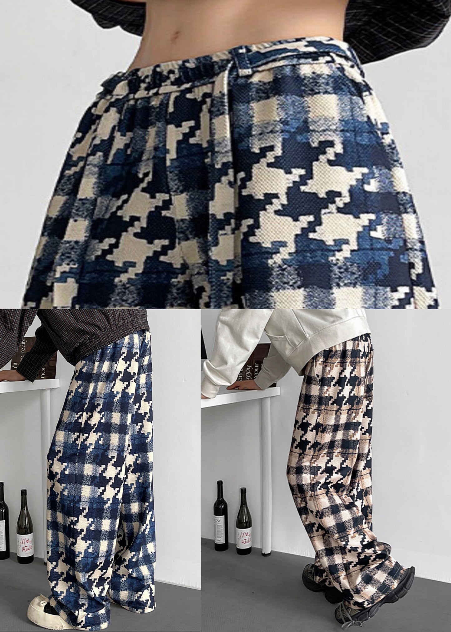 Elastic Waist Pockets Cotton Khaki Men Pants Plaid