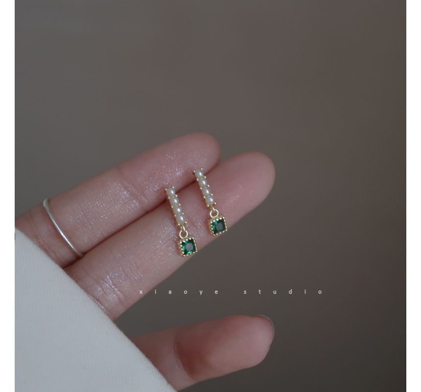 Rhinestone Pearl Alloy Square Drop Faux Earring