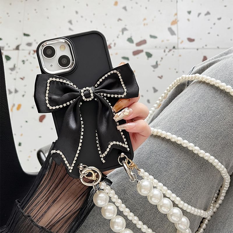 Bow Lanyard Pearl Faux Phone Case
